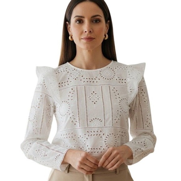 The Kooples Tops - THE KOOPLES White Eyelet Flower Embroidery Ruffle Blouse US Small NWT $245